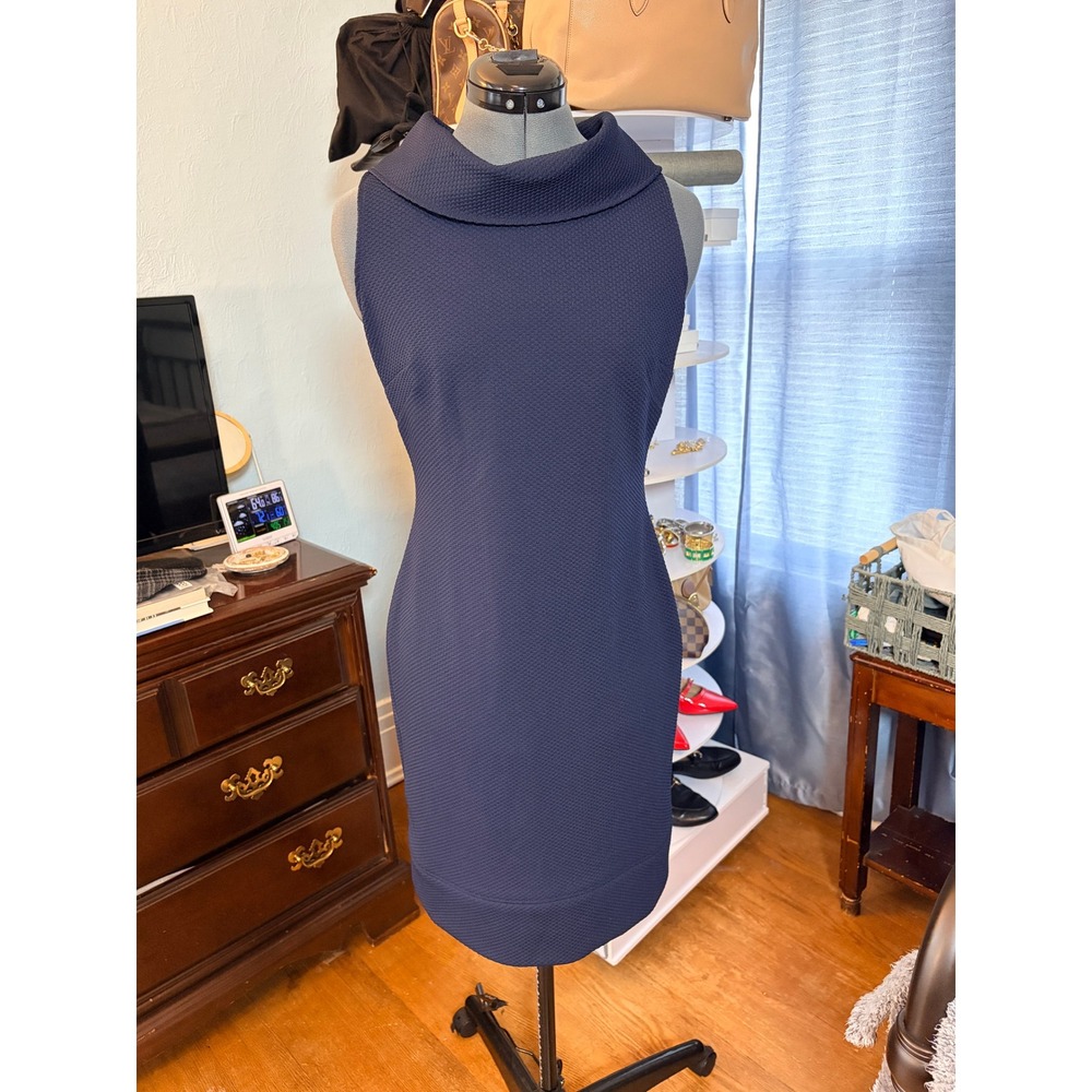 Chaps Navy Blue Sheath Dress Size 4 Cowl Neck Waffle Knit Career Cocktail Party